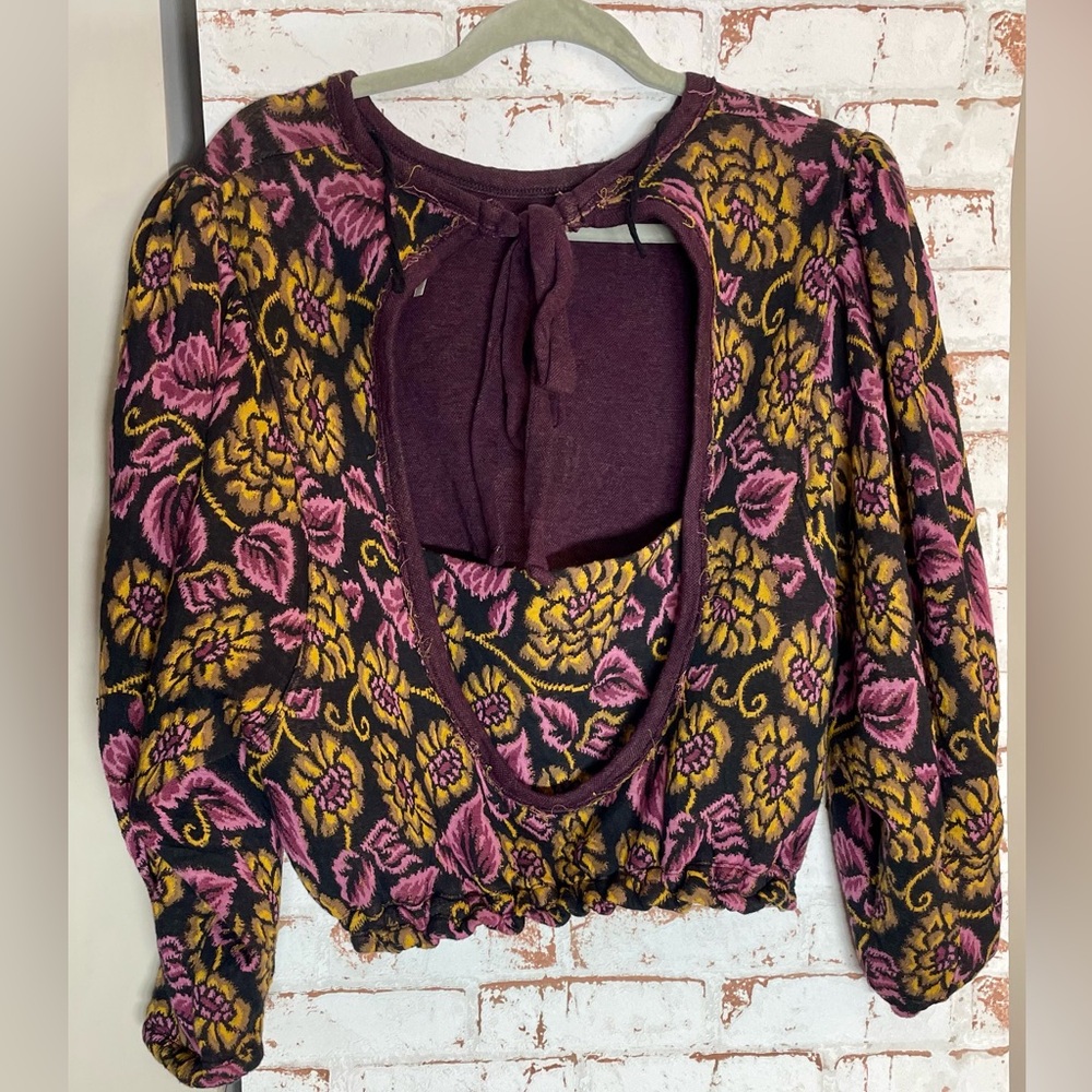 Free People Pink and Gold Knit Cotton Floral Blouse Size L - Picture 5 of 9